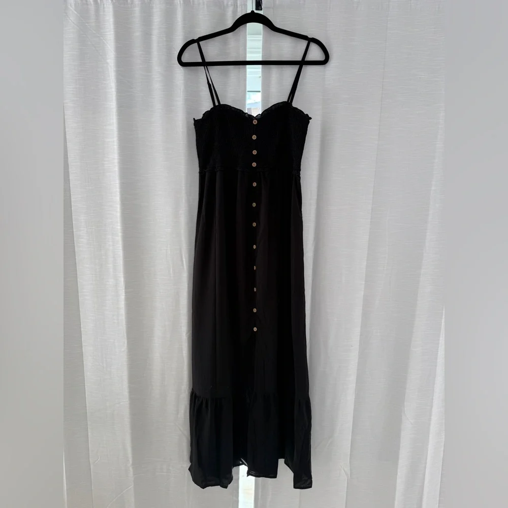 Black Smocked Maxi Dress | Button Front Sundress with Pockets Size M - Picture 5 of 11